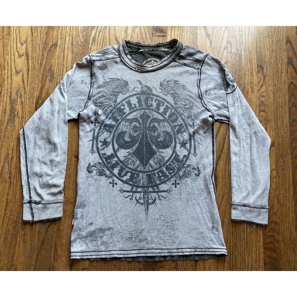 VTG Y2K Affliction Shirt Size XL Reversible Long Sleeve Wing Skull Gray MMA - Picture 7 of 8
